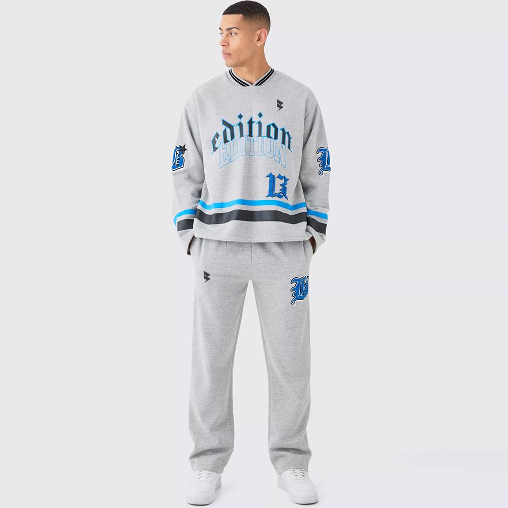Oversized Varsity Applique V Neck Sweatshirt Tracksuit